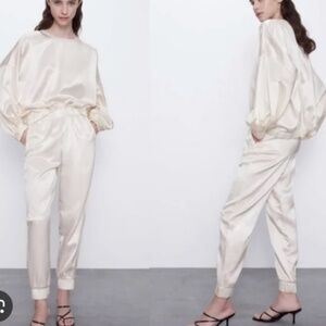Zara Satin Joggers Pullon Elastic Waistband Ivory Cream Size X-Small